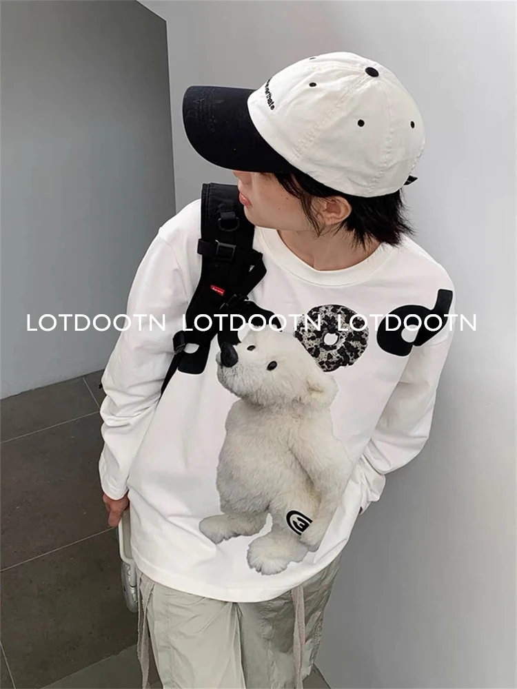 LOTDOOTN Fashion Vintage T-Shirts Cotton Cartoon Polar Bear Print Tops Long Sleeve Spring Tees Casual Loose Sweet Women Clothes