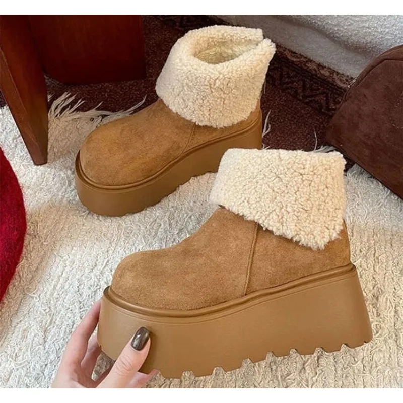 

Autumn Winter Thick Sole Women Fur Snow Boots Concise Height Increase Shoes Ladies Outdoor Comfort Warm Cotton Short Booties