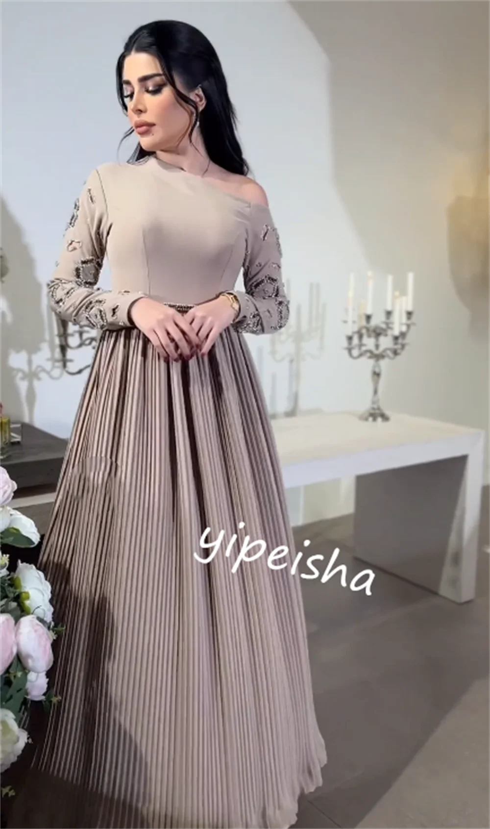 Customized      Jersey Ruched Rhinestone  A-line One-shoulder Bespoke Occasion Gown Midi es