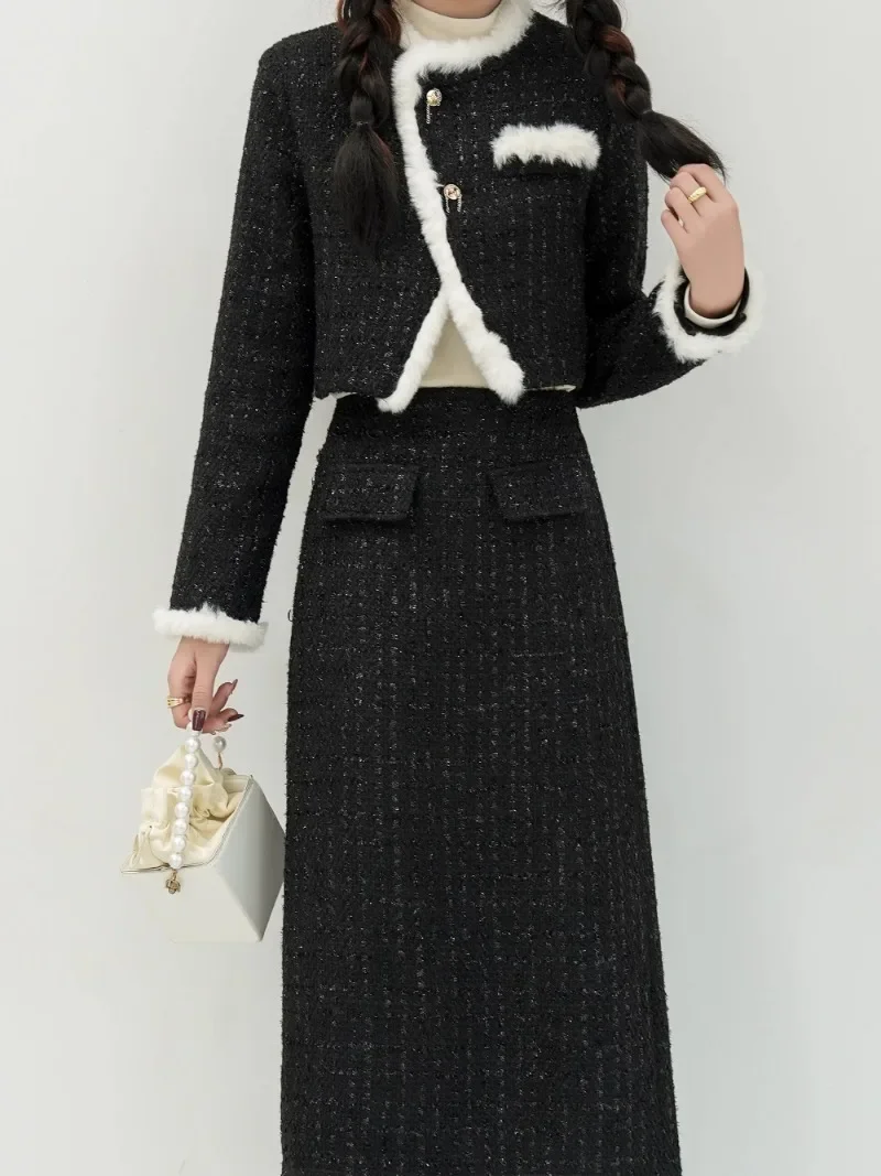 

MiiiiX Korean Retro Tweed Suits Short Loose O-neck Plush Splicing Coat Mid-length A-line Skirt Autumn Women's Two Piece Set