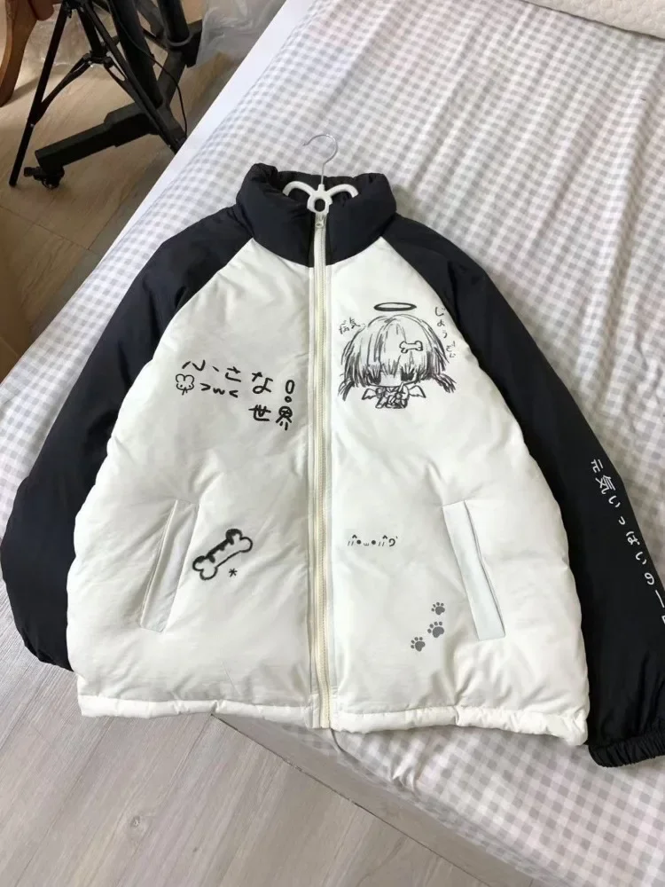 Kimutomo mulheres parkas y2k estética contraste retalhos harajuku japonês dos desenhos animados solto amassado jaqueta casual grunge acolchoado casacos