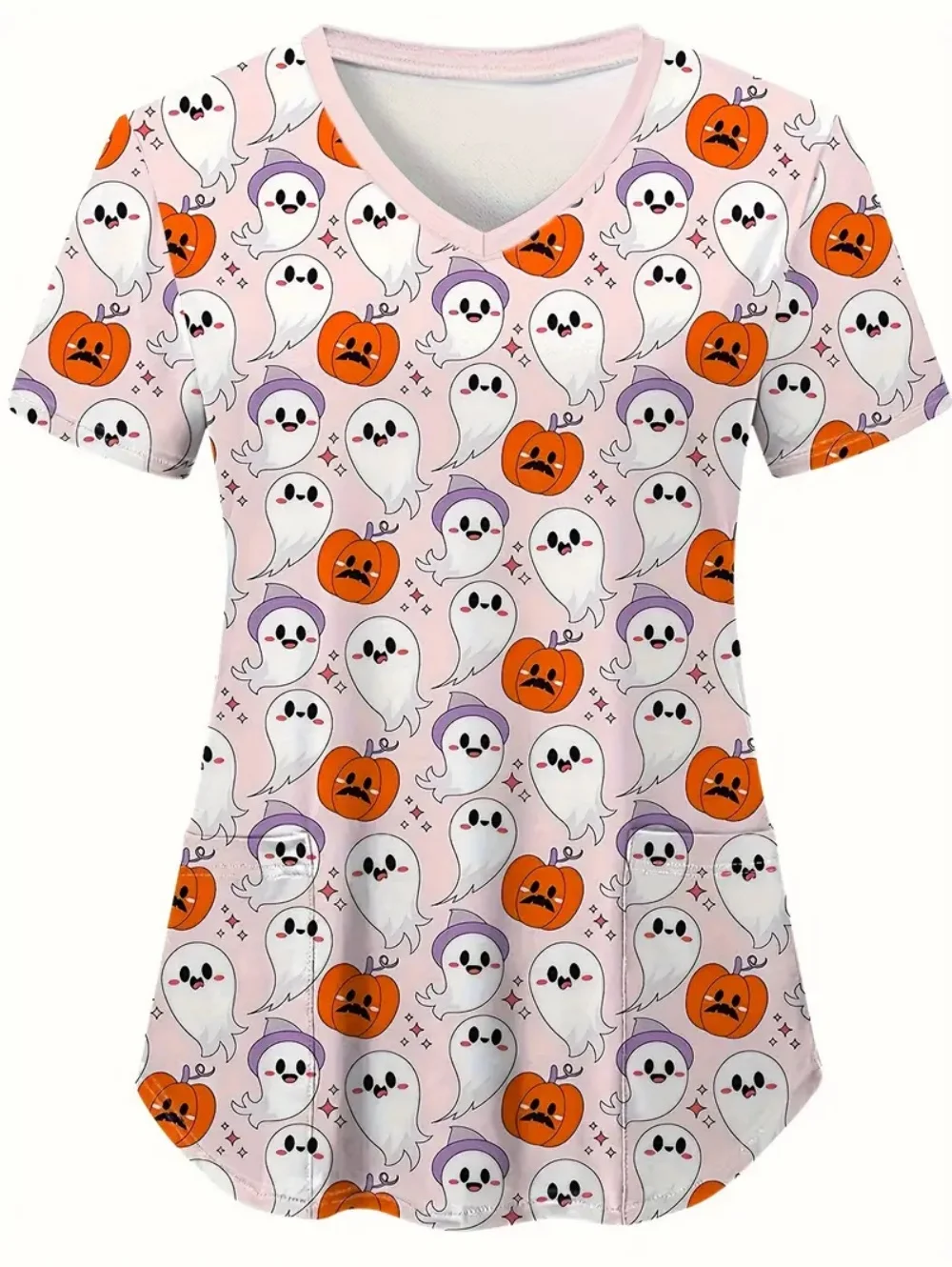 

Halloween Scrub Uniform Cute Ghost Print Healthcare Nurses Fashion Short Sleeve with Pockets Tops Summer V-Neck Medical Uniforms