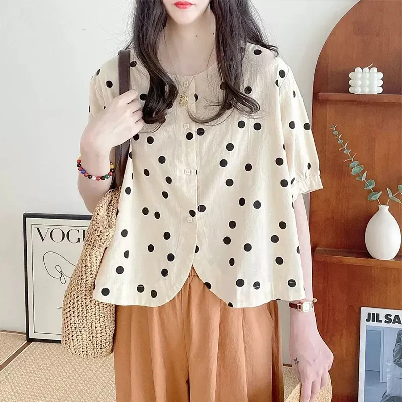 

Women's Sweet Polka Dot Cotton Blouse Ruffle Sleeve Round Neck Casual Summer Top