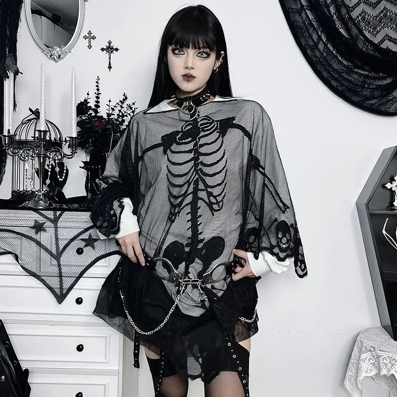 

Dark Skull Lace Cape Gothic Punk Style T-Shirt Women Autumn Winter New Style Hollow Design Loose Outer Blouse