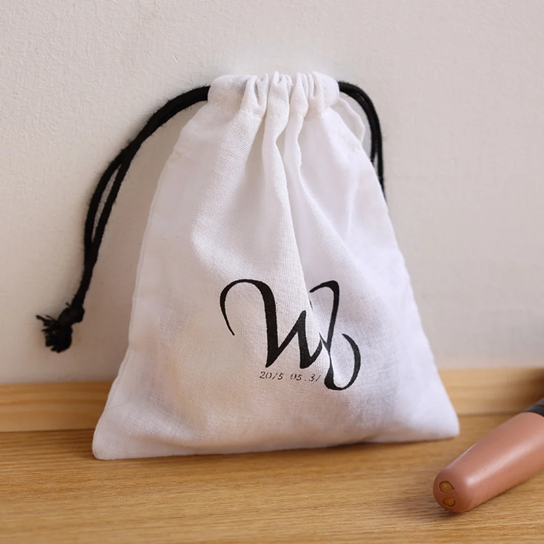 Personalized Logo Cotton Drawstring Bags Reusable Natural Muslin Canvas Bag Jewelry Package Party Wedding Birthday pouch