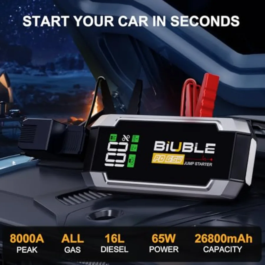 8000A Jump Starter with PD 65W Fast Charging 26800mAh Car Battery Jump Starter for All Gas and 16L Diesel Vehicles Portable 12V