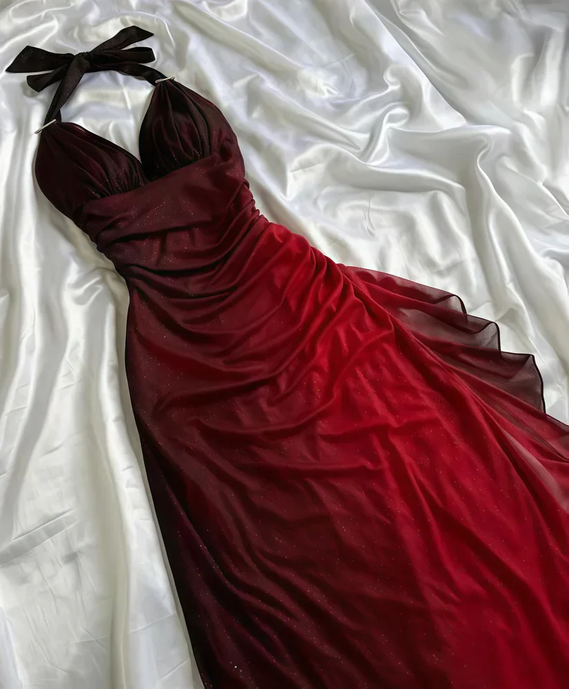 Farbverlauf Burgunderrotes Abendkleid mit Krawatte, Neckholder, rückenfrei, sexy Geburtstagsparty-Kleid, glitzerndes langes Abendkleid, individuell gestaltet
