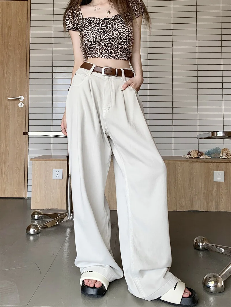 

American Style High Waist Denim Jeans Women Summer Versatile Slimming Wide Leg Pants Draping Straight Floor-Length Trousers T...