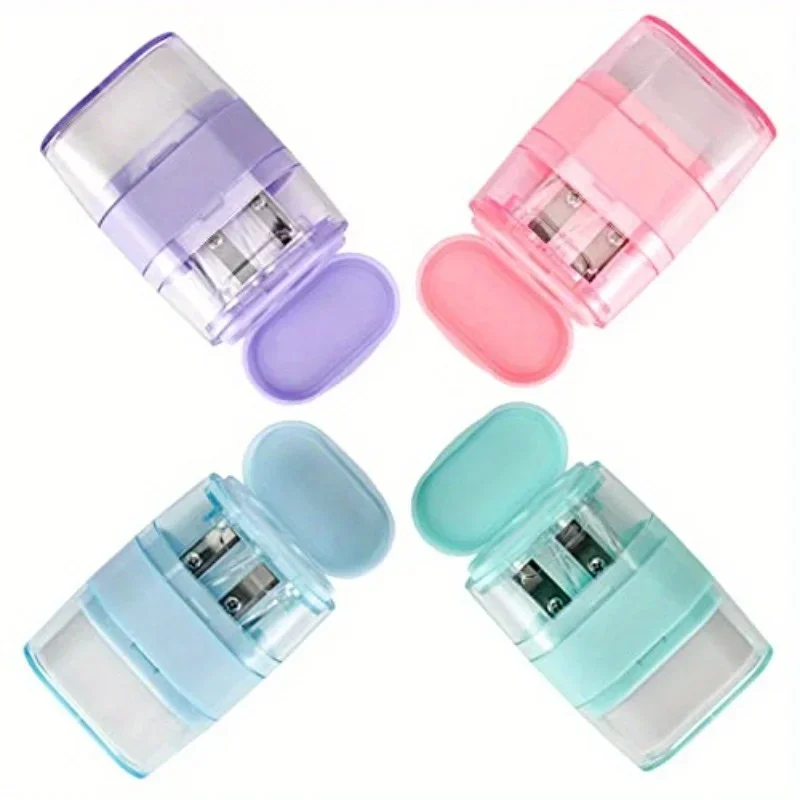 12pcs Manual Pencil Sharpener with Eraser Dual Hole Multi-color Fun Design Durable Structure Back To School Classroom Reward