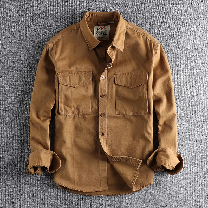 Autumn new 204 khaki retro wash solid color work shirt men\'s three-dimensional pocket trend loose jacket