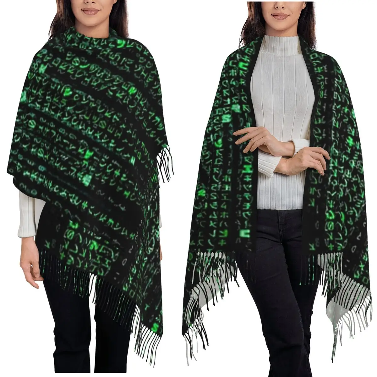 HD Matrix Digital Rain Scarf Tassel Scarves for Women Soft Warm Shawls and Wraps Large Fall Winter Shawl Wrap