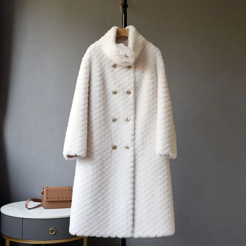 2022 New Design Winter White Sheep Shearling Jacket Women Fluffy Woolen Thicker Warm Luxury Ladies Long Wool Fur Coat