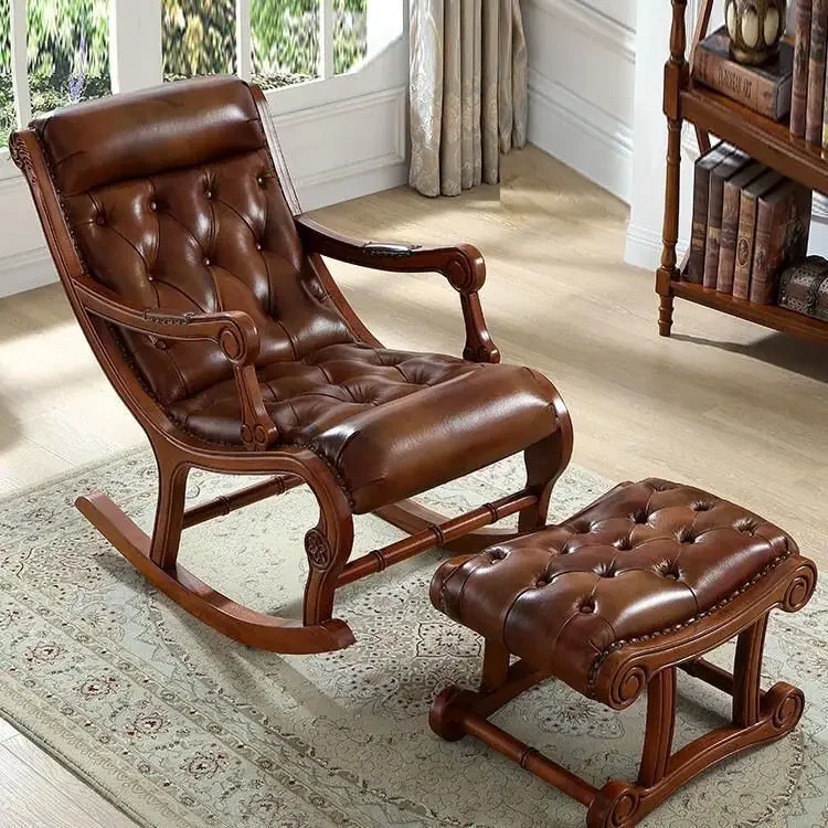 American solid wood leather rocking chair recliner adult balcony elderly leisure pedal home nap