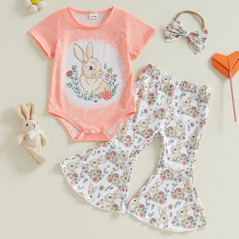 Baby Girls Easter Outfits with Bow Headband Bunny Pattern Rompers with Flared Pants 3 Pcs Newborn Clothes Set