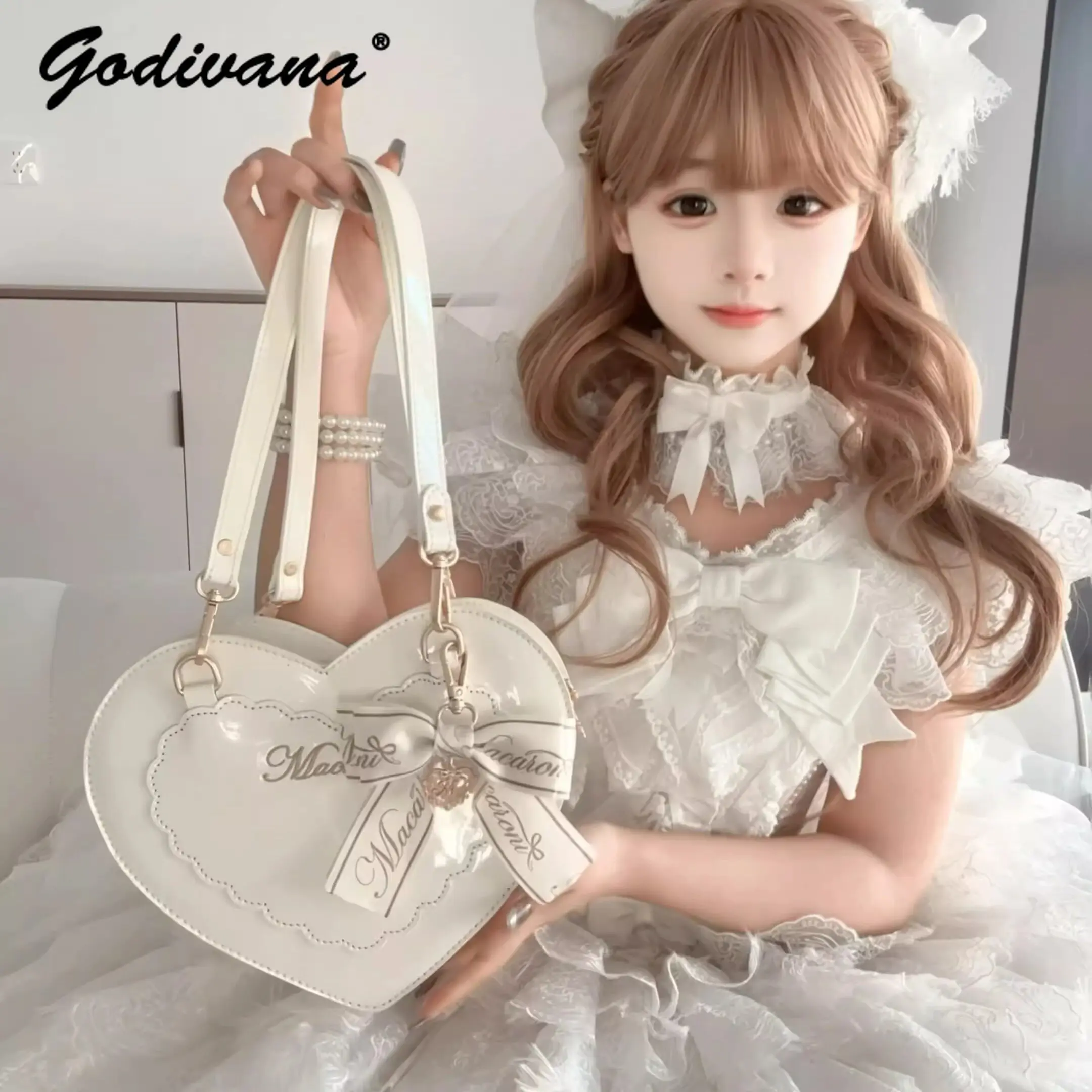 Lolita Sweet Love-shape Patent Leather Crossbody Shoulder Bag Girls Women's Cute Ribbon Bowknot Princess Totes Handbags
