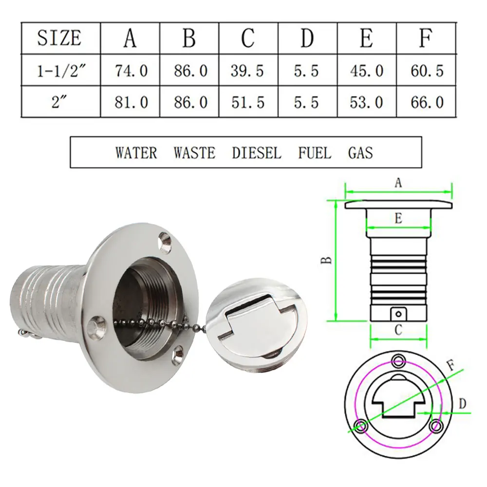 AD New Stainless Steel 316 Deck Filler GAS DIESEL FUEL WASTE WATER 38mm 50mm Mirror Polish Marine Boat Hardware Deck Filler Cap