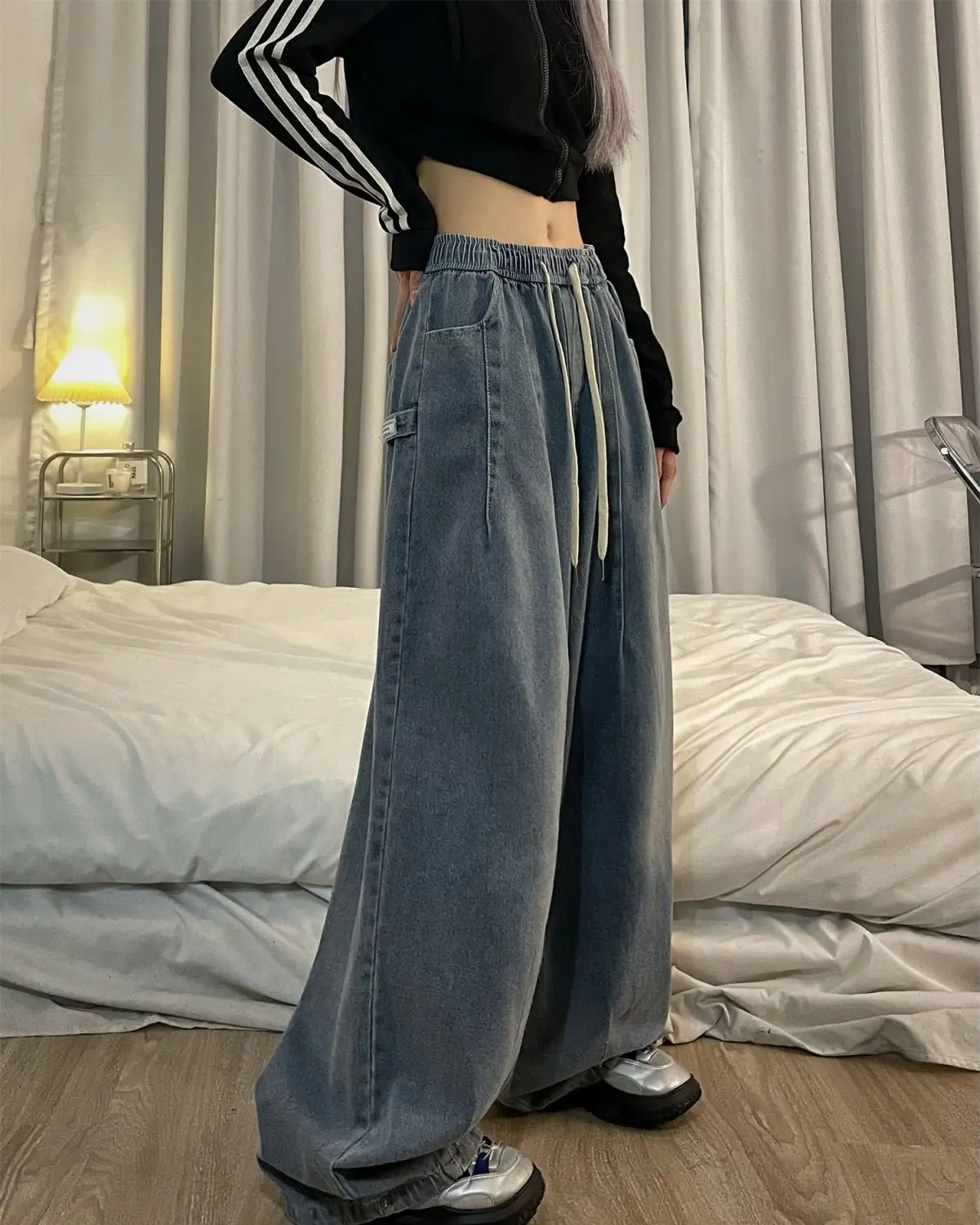 Women Vintage Streetwear Denim Pants Korean Loose Oversized  Lace Up Jeans Wide Leg Grunge Denim Pants Y2K Jeans Trousers