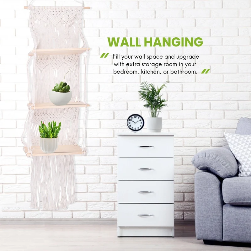 Boho Macrame Muur Hangende Plank 3 Tier Handgemaakte Geweven Kwast Hout Organizer Planken Muur Zwevende Hanger Voor Interieur