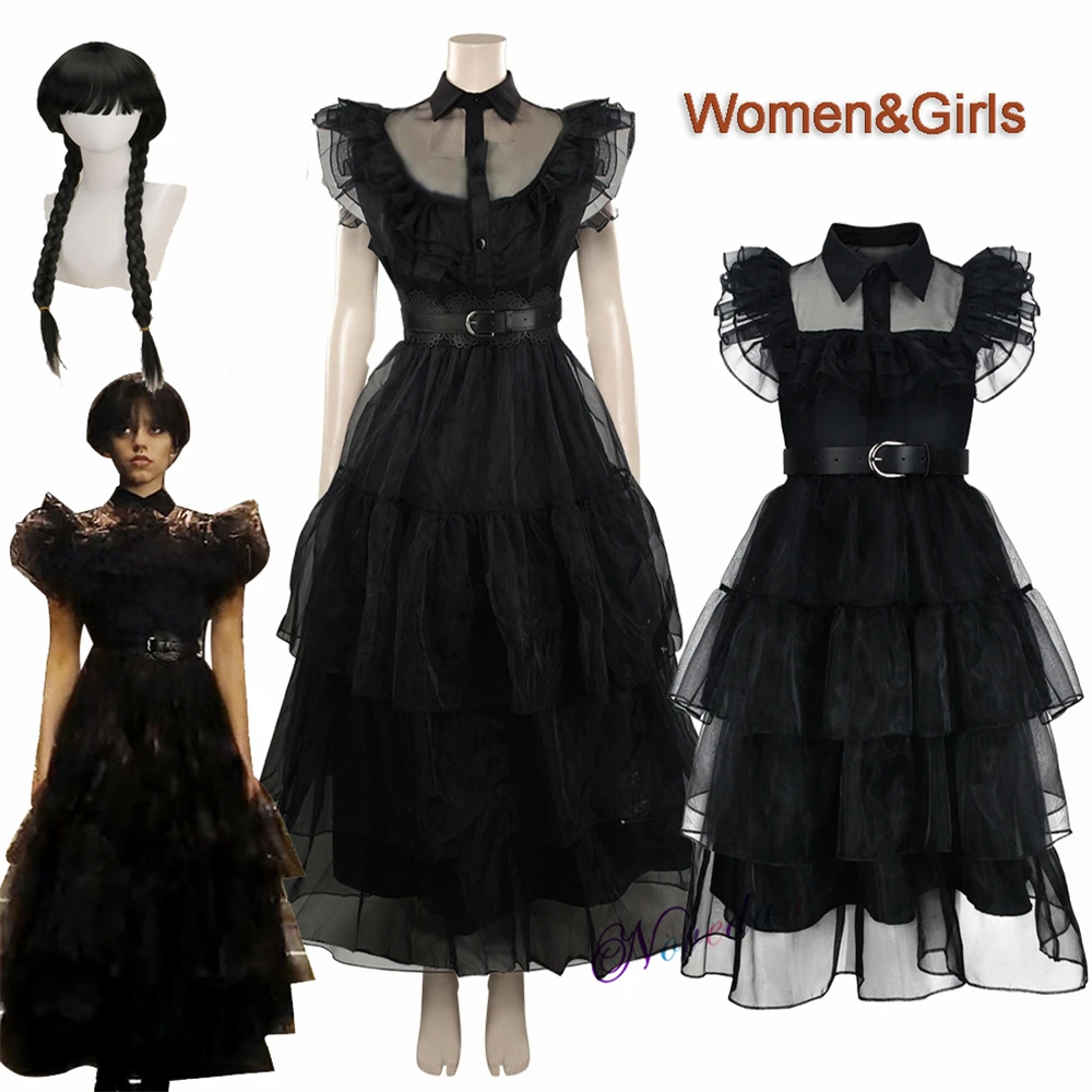 Movie Woensdag Cosplay Jurk Meisjes Woensdag Addams Cosplay Kostuum Gothic Wind Volwassen Kids Vrouwen Dress Halloween Party Kostuum