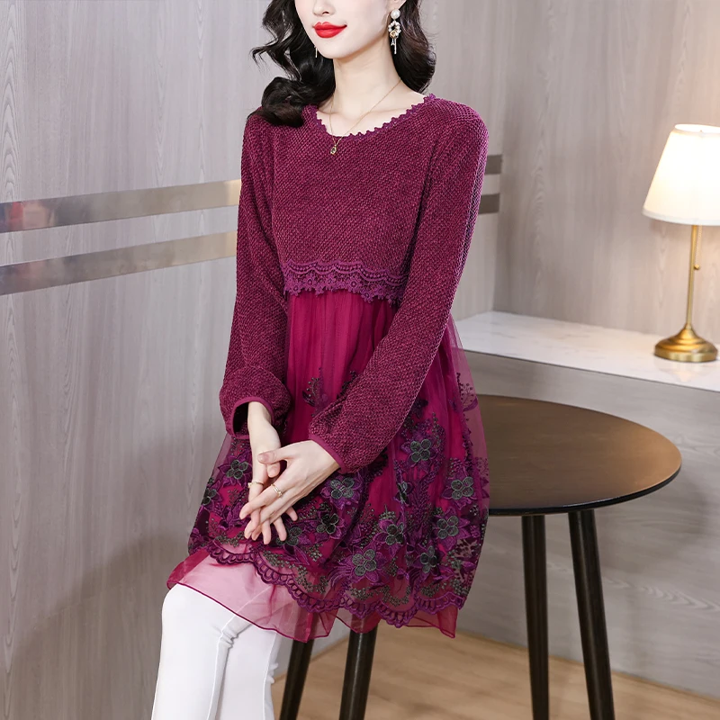 2023 Autumn and Winter New Silk Embroidery Round Neck Celebrity Large Dress Women's Mesh Spliced Silk Lacing Slim Robe