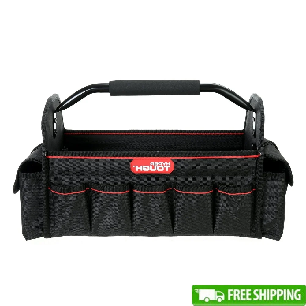 

16 Inch Open Top Tool Tote Storage Organizer with 20 Pockets Steel Handle Tape Measure Holder Durable Construction