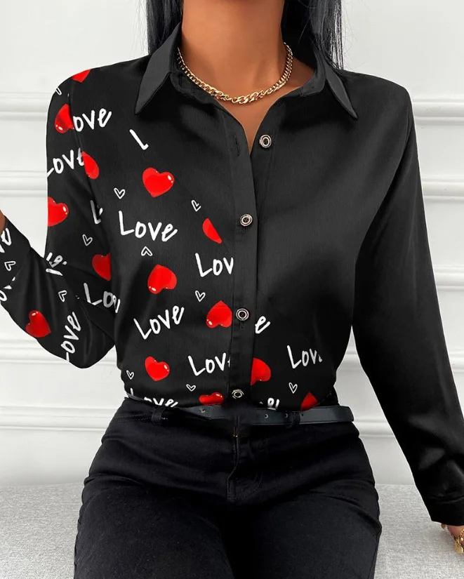 

Women's Shirt Daily Wear Solid Color Valentine's Day Heart-Shaped Letter Printed Button Intellectual Commuting Casual Top