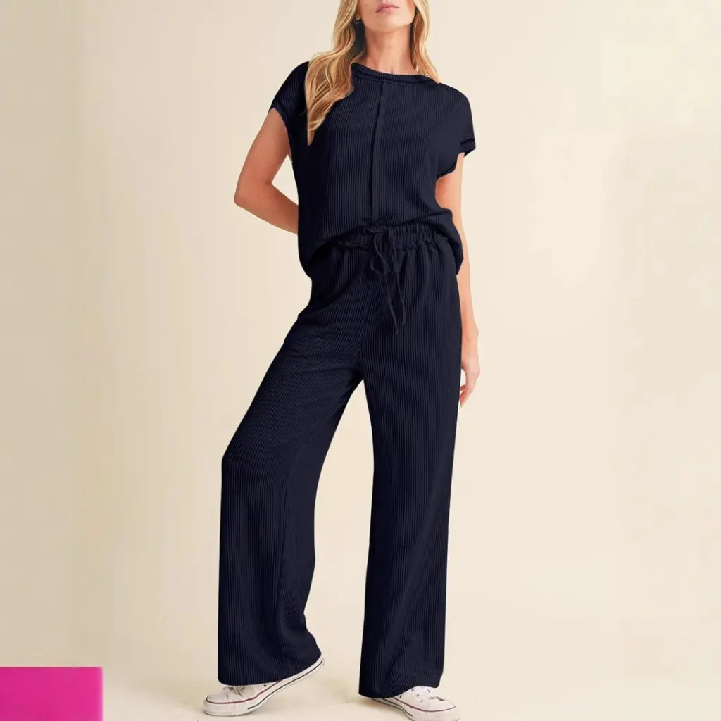 

Women's Casual Three-Point Sleeve Rope Top with Solid Color Commuter Pants Fashion Suit Set for Spring/Summer by Europe