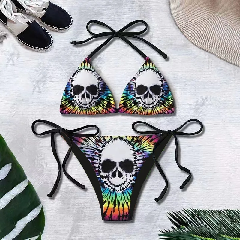 New Sexy Gothic Emo Bikini Women Two-piece Skull Print Bikini Suit Split Bathing Suit High Waist Swimsuit Strap Beach Wear