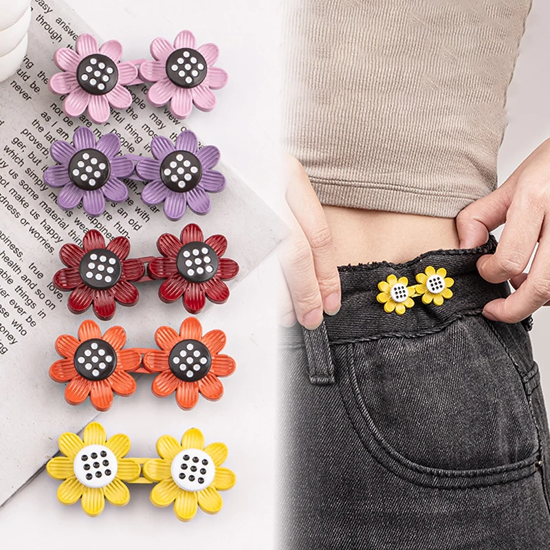 2Pcs Sunflower Button Adjuster For Pants Skirt Waist Tightener Adjustable Waist Buckle For Jeans No Sewing Required Waist Button