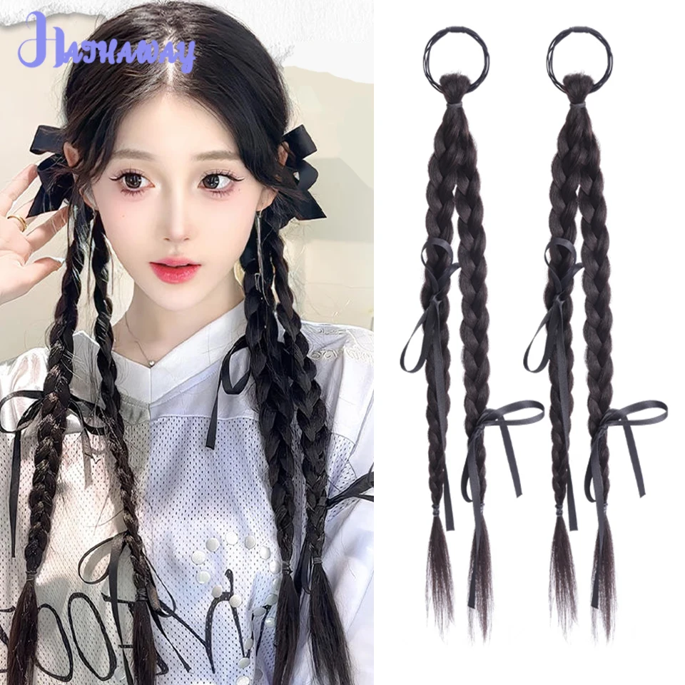 20 Inch Black Ribbon Boxing Braid Female Synthetic New Chinese Ponytail Wig Natural Bow Double Twist Boxing Braid Ponytail Wig