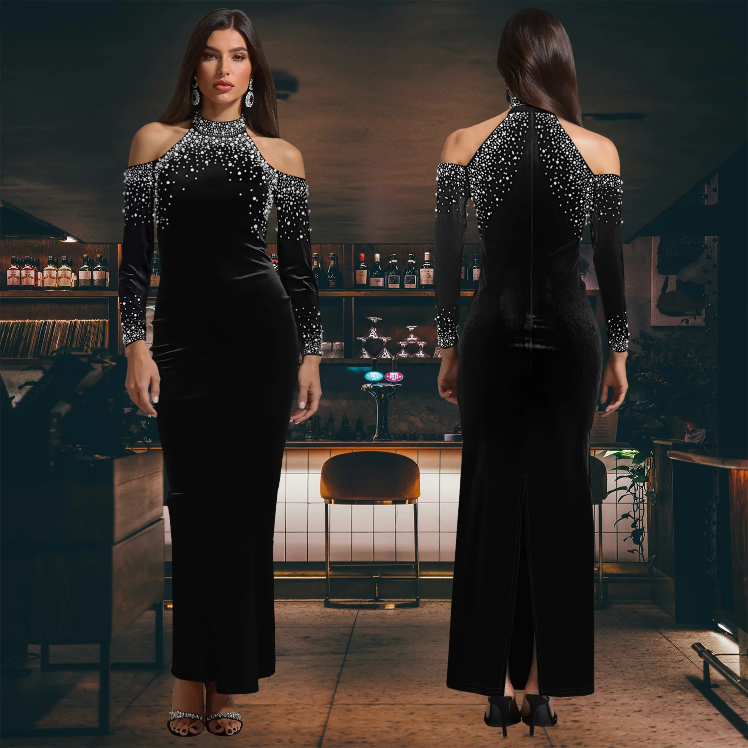 

C7410 Sexy Off Shoulder Long Sleeve Beaded Long Dress Women Black Velvet Pearl Design Slim Dresses Elegant Evening Party Gowns