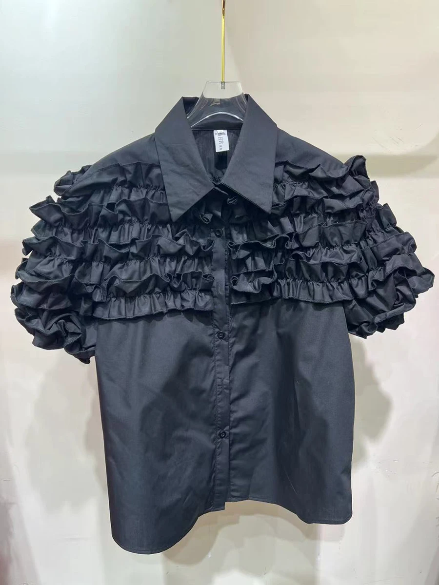 GALCAUR Solid Spliced Fungus Folds Elegant Shirts for Women Lapel Short Sleeves Patchwork Single Breasted Shirt Female Style New