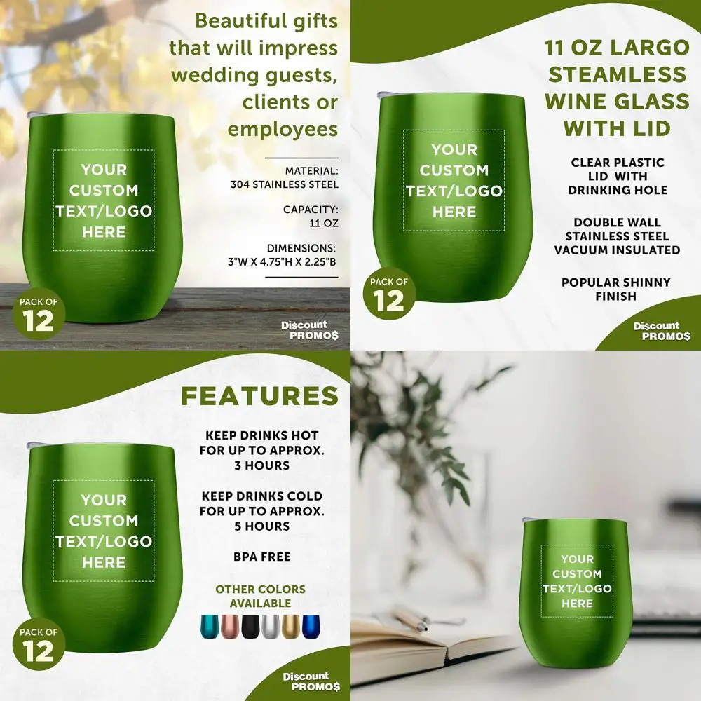 Vasos de Vino sin Tallo Personalizados con Tapas, 11 oz, Juego de 12, Aptos para Vino, Cócteles, Bebidas - Verde Lima