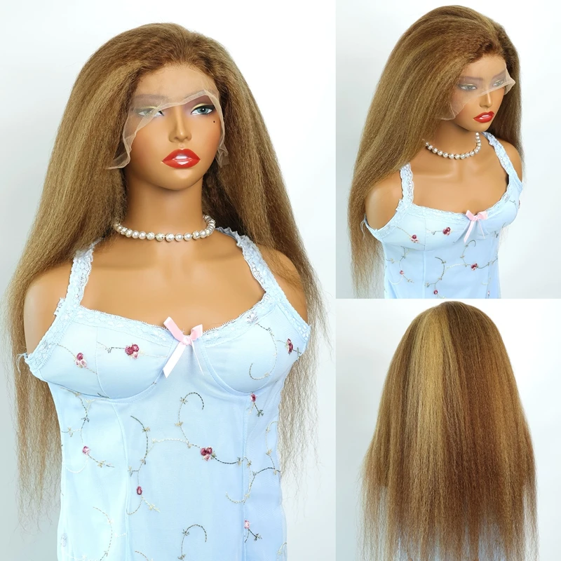 # 4/27 オンブレハイライト キンキーストレート 13x6 レースフロントウィッグ 生え際処理済み ハニーブロンド ブラジリアン 200%密度 人毛ウィッグ