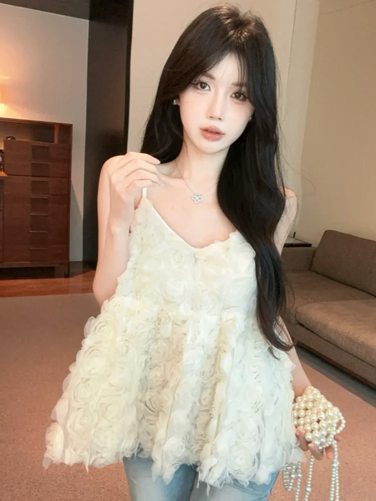 

Sweet Elegant Heavy Work 3D Flower Strap Vest Women Summer Girl Unique Loose Top Gentle Style Splicing No Ironing Citywalk