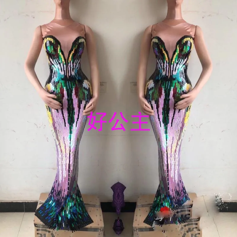 

2024 New Nightclub Bar Singer Dj Full Sequin Wrap Hip Long Dragging Fishtail Skirt Dance Stage Adult Performance Dress