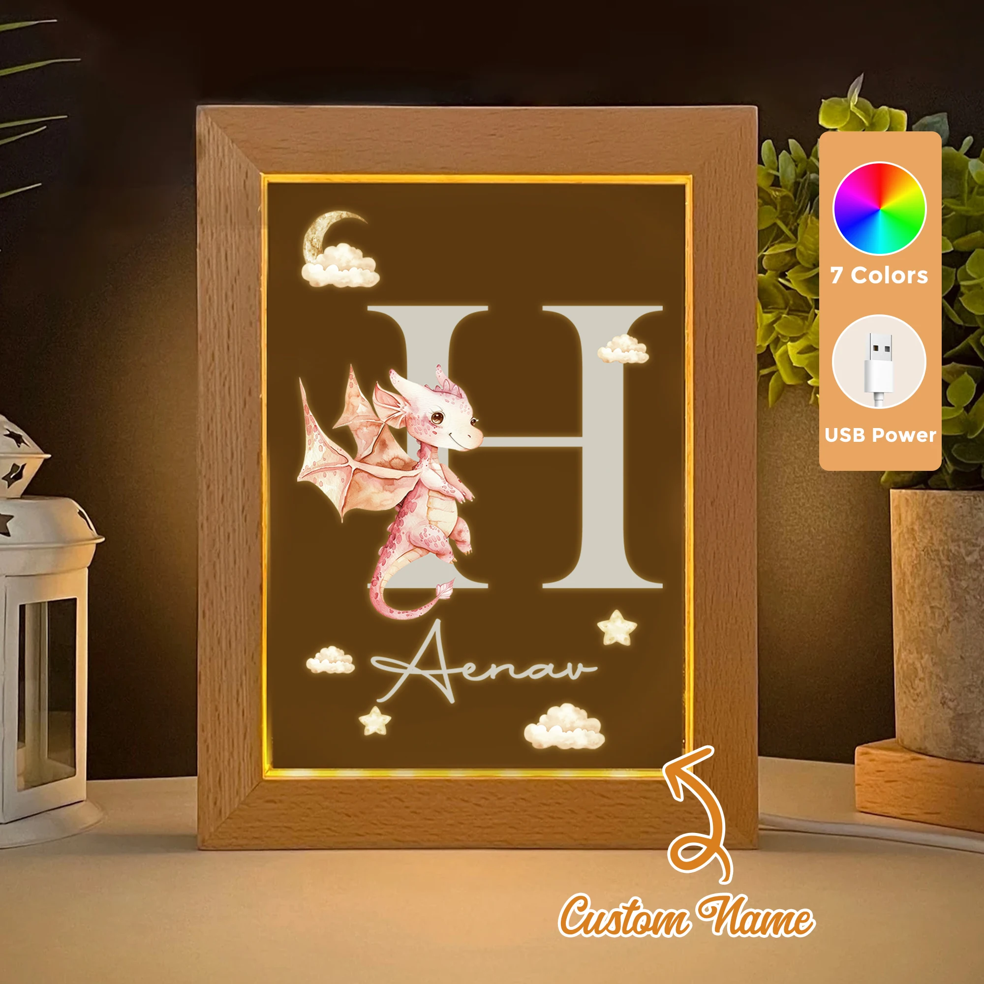 

2D Flat Custom Name Pink Dinosaur LED Acrylic Night Light Wood Photo Frame 21x17cm Cartoon Children Bedroom Gifts Home Decor