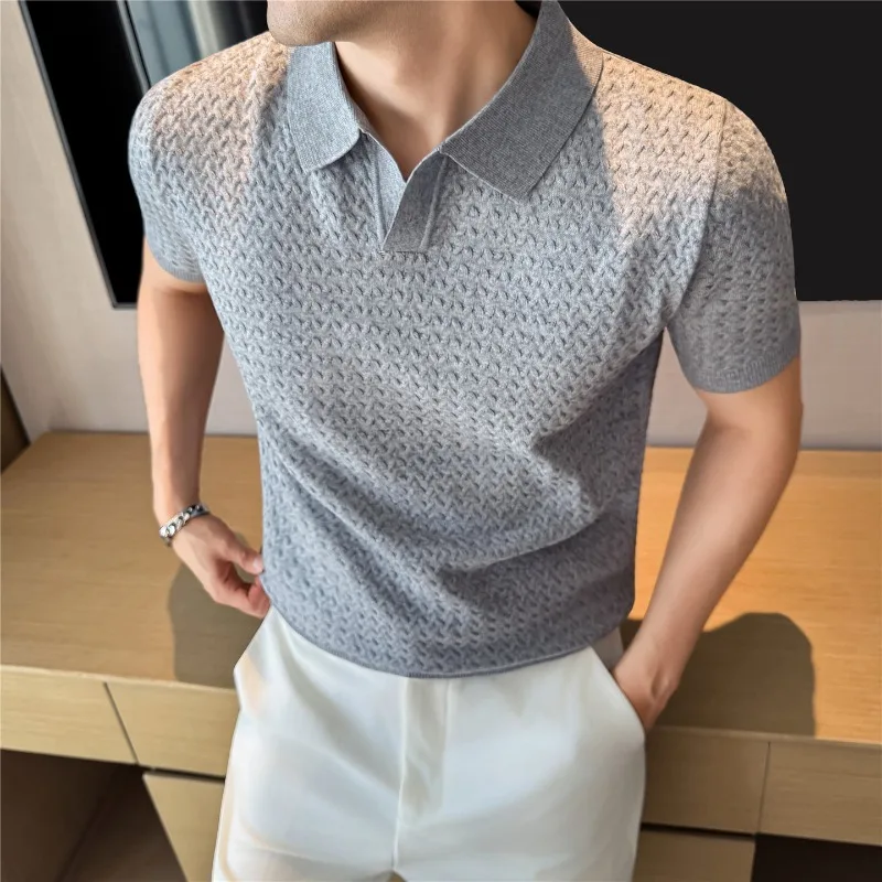 Summer Linen Seagull Collar Knitted Polo Shirt Fashion Short Sleeved Casual Business T-shirt Comfortable Breathable Men Clothing
