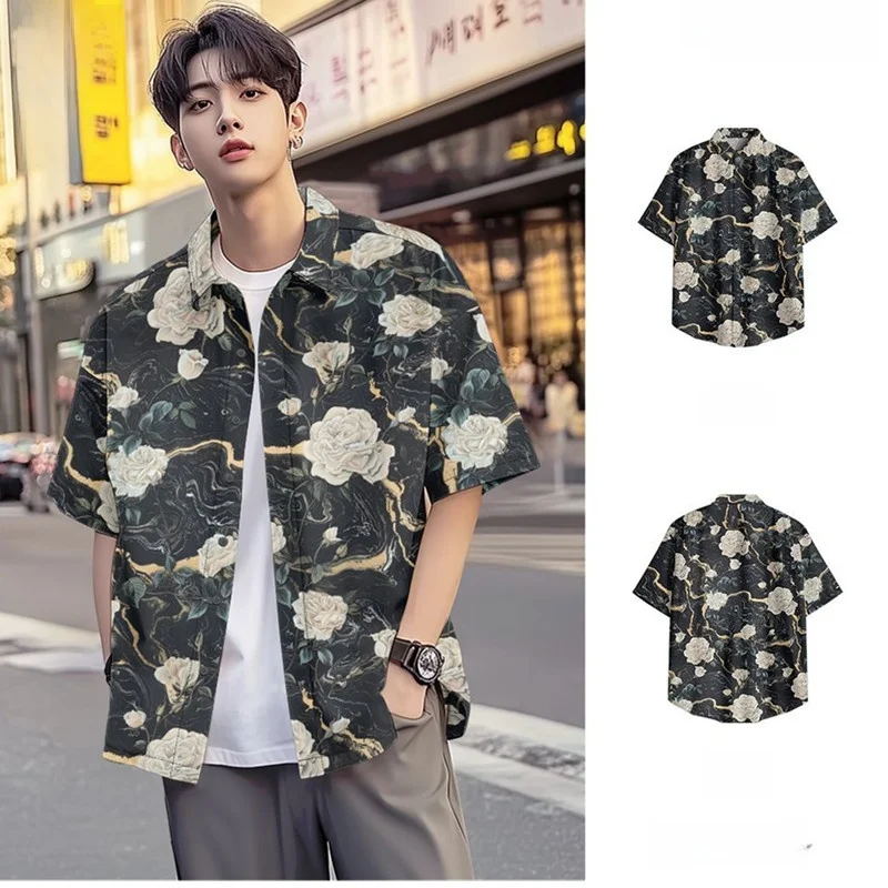 

Hawaiian Print Loose Fit Short Sleeve Shirt Hong Kong Style Casual Summer Outerwear Thin Geometric Pattern Daily Wear