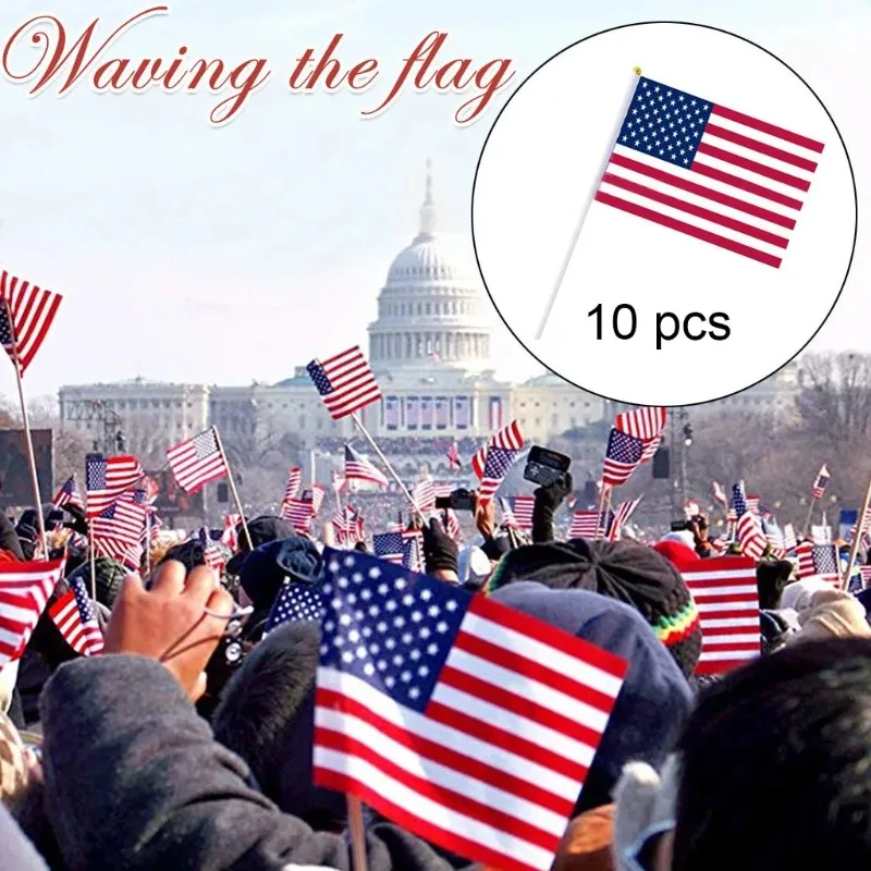 10PCS USA Stick Flag,American US 14x21cm HandHeld Mini ensign Pole United States Stick Flag Vivid Color Fade Resistant banner