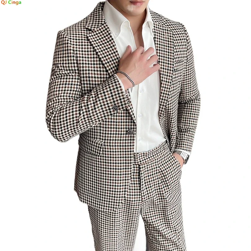 

Мужской клетчатый костюм из двух частей, куртка для свадебной вечеринки с брюками, приталенное пальто и брюки азиатского размера, комплекты с одной пряжкой.