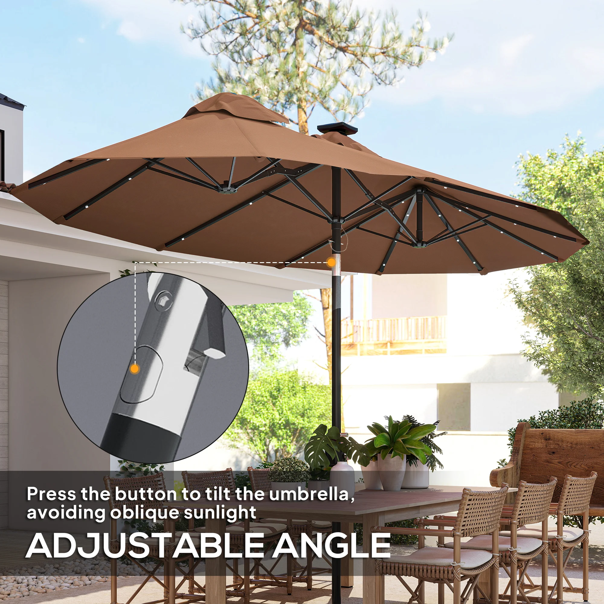 9.7' Double-sided Patio Umbrella with LED Solar Light, Tilt, Coffee image 4