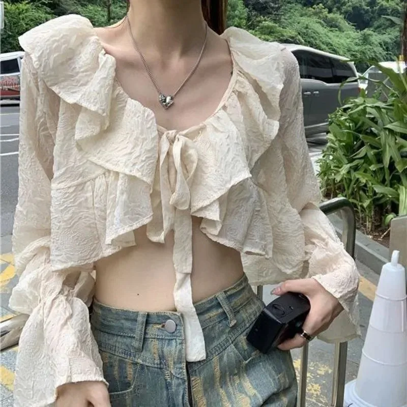 

Flared Long Sleeve Shirt Women Blouses Ruffle Edge Y2k Clothing Crop Tops Streetwear Cardigans Vintage Sunwear Tops Mujer New