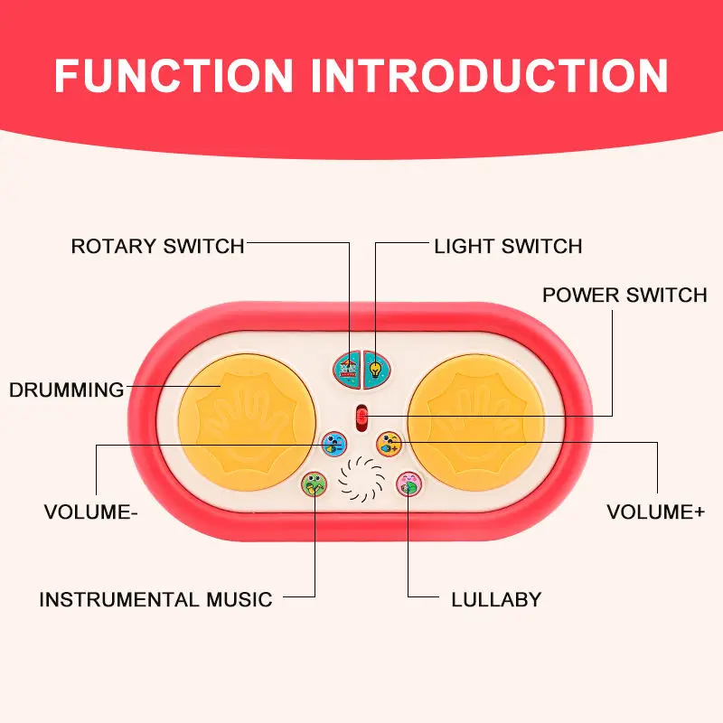 Giocattolo musicale multifunzionale per bambini, batteria elettronica che gioca a mano, con luci lampeggianti ed effetti sonori, accompagna la crescita del bambino