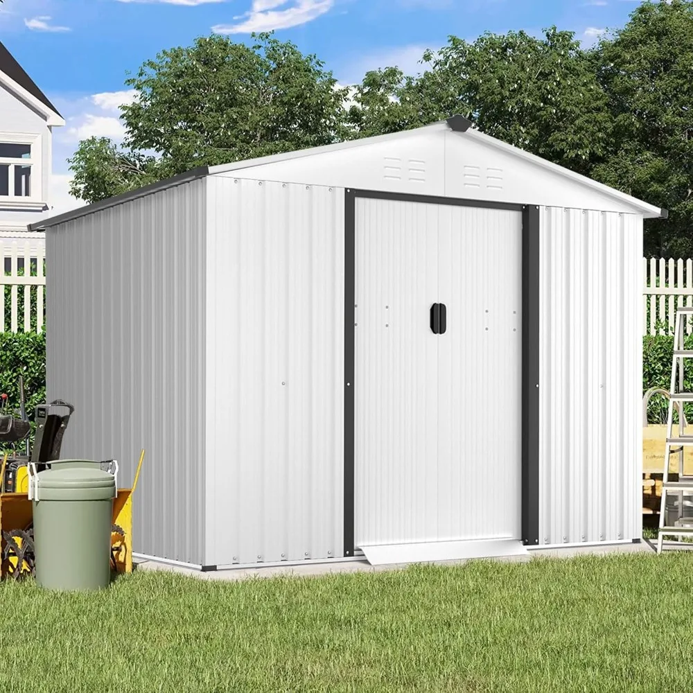 Outdoor Vented Backyard Garden Storage Shed 6 x 8 Feet Tool House with Sliding Door Outdoor Lawn Steel Roof Sheds