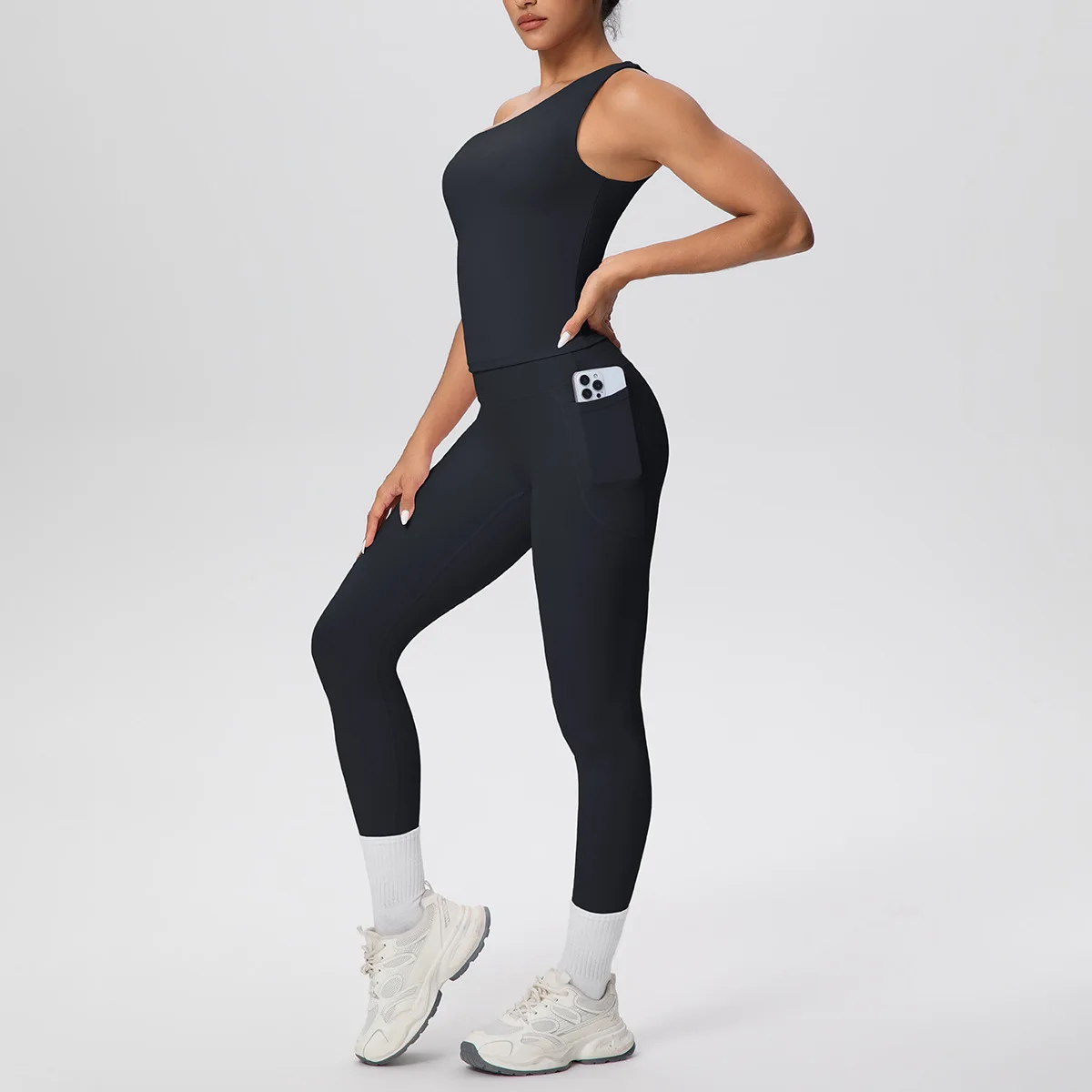 MIML New Arrival Fleece Brushed Naked Sensation Tight Sports Set Single Shoulder Vest Pocket Running Fitness Yoga Two-Piece Suit