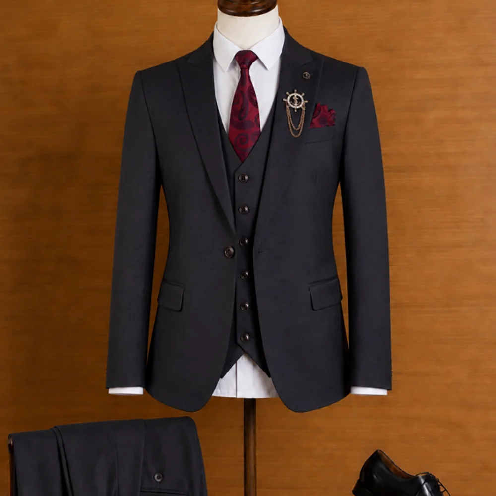 Classic Men Dark Grey 3 Piece Suit Single Button Jacket Vest Pants Set Slim Fit Timeless Wedding Party Business Formal Outfit