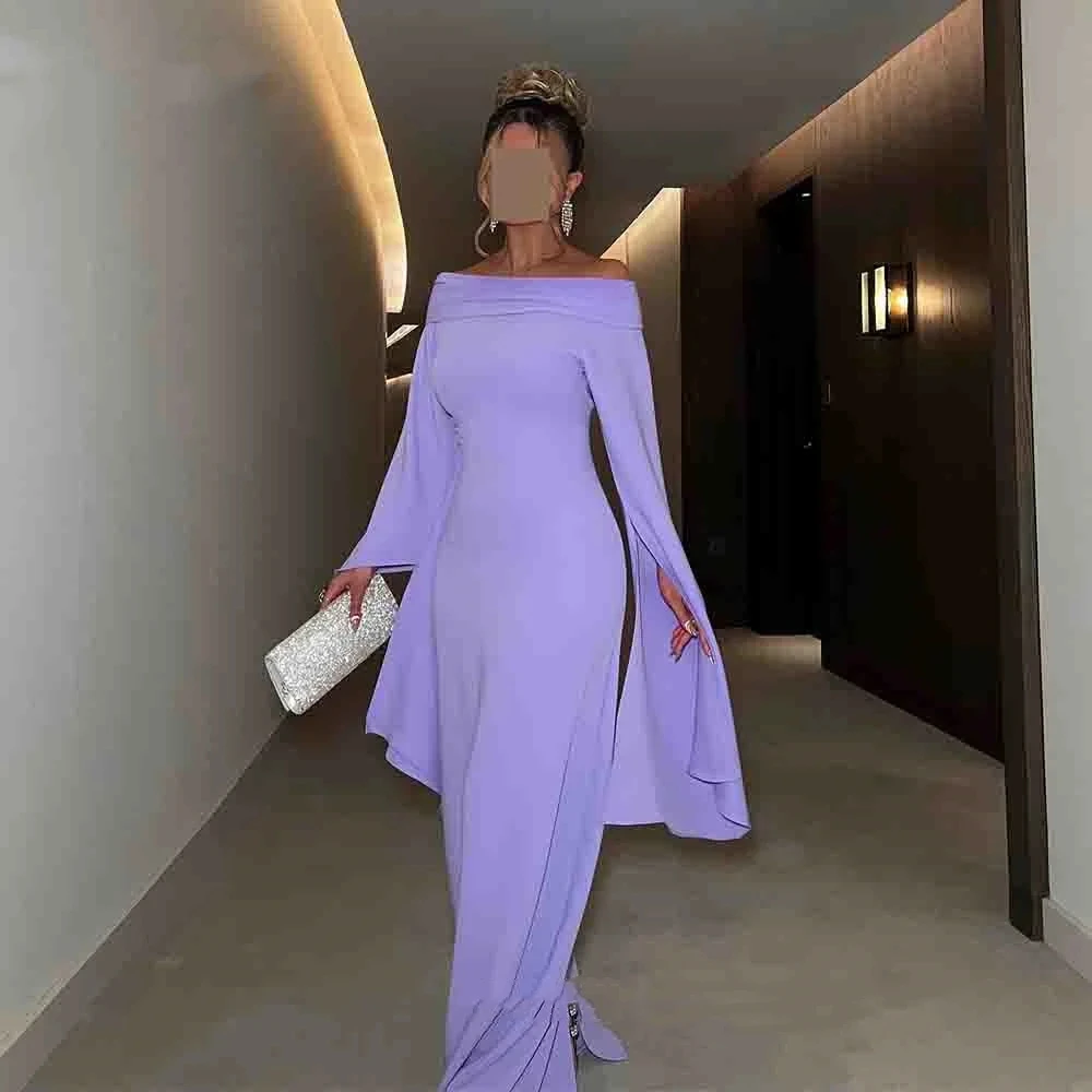 

Flora Dress Lavender Crepe Prom Gowns Boat Neck Long Puff Sleeves Evening Dress For Women Simple Mermaid Formal Dress 2024