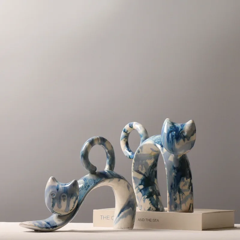 

Colorful Blue Kitten Statue Desk Decoration Abstract Artwork Ornaments Creative Cat Porcelain Sculpture Room Aesthetic Decor