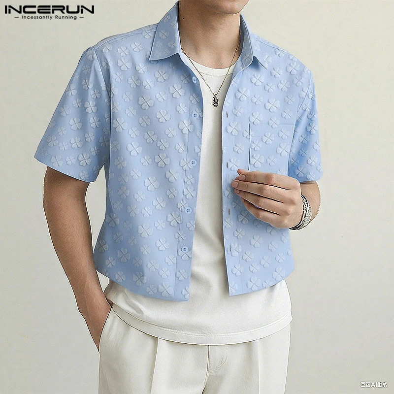 INCERUN Men Shirt Flower Printing Lapel Short Sleeve Loose Casual Crop Tops Men Streetwear Summer Korean Style Fashion Shirts